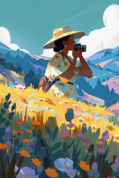 卡通小女孩五一劳动节户外旅游插画