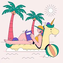 平淡的夏日阅读书籍插图与独角兽花车上的女人