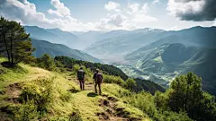 山顶人物树木草地素材图片