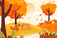 手绘扁平风秋天秋季枫叶森林风景