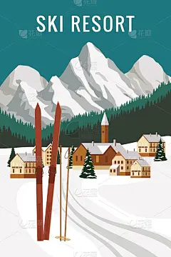 瑞士阿尔卑斯山区冬季度假胜地。雪景峰、雪坡。旅行复古海报，矢量插图
