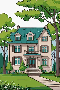 矢量手绘卡通别墅插画