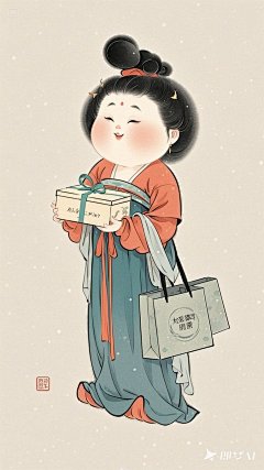 全景,水墨插画,极简主义，胖改的唐代可爱微胖美少女插画,购物燕窝礼盒，现代人物与古风工笔画结合，画风细腻成熟，独特的“大脸”风格，识别度高，人物讨喜又不失韵味，可爱的Q版唐代风俗画，干净纯色背景