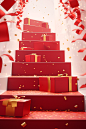 Red Christmas boxes, red ribbon, gold boxes on a stair leading to gifts, in the style of confetti-like dots, vibrant stage backdrops, white background, color-blocked textiles, bold colors, dynamic lines, light gold, detailed still lifes