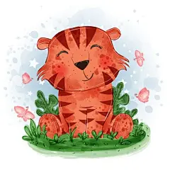 可爱的小老虎坐姿蝴蝶插画矢量图设计素材