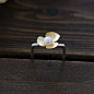 手工S925纯银镀金天然珍珠方形闭口文艺花朵戒指指环