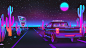 General 3840x2160 digital digital art artwork illustration neon neon lights lights night night sky sky skyscape landscape nature desert stars starry night vehicle transport sheriff road synthwave vaporwave Retrowave Synthpop neon sign motel dark Moon moon