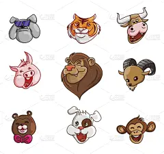 动物头,可爱的,图像,狮子,狗,猪,动物,矢量,熊,母牛