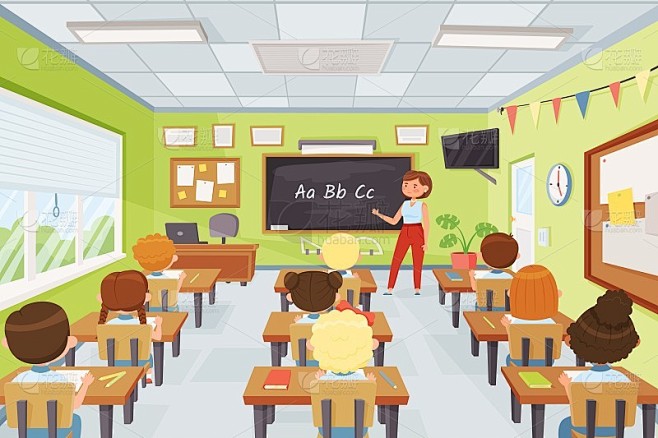 卡通孩子和老师在教室里，小学生在学习。年轻的学生听老师在课向量插图