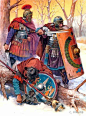 罗马方盾的握把是横的，战士们实际上是“拎”着盾牌作战。