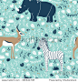 Vector wildlife seamless pattern with tropical animals, antelope, rhino, zebra