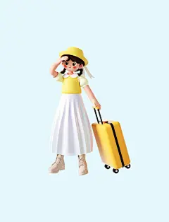 春天3D立体C4D春游可爱女孩人物拖行李箱