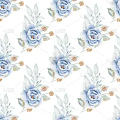 蓝色玫瑰花手绘水彩画无缝图案
