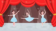 打开红色窗帘剧院或芭蕾舞现场与价格，窗帘，风景和3年轻美丽的芭蕾舞者穿着芭蕾舞裙和尖头鞋站在姿势平面