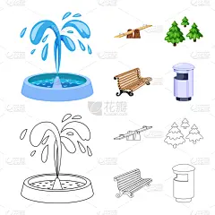 街道,城市生活,图标集,长椅,野生动物,公园,垃圾,儿童,喷泉,瀑布
