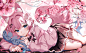 Anime 1638x1001 anime anime girls fox girl fox ears fox tail looking at viewer lying down petals flowers branch pink hair blue eyes pillow lying on side long hair bow tie