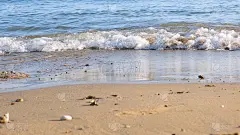 夏日阳光明媚的一天，沙滩上蔚蓝的大海的轻柔波浪