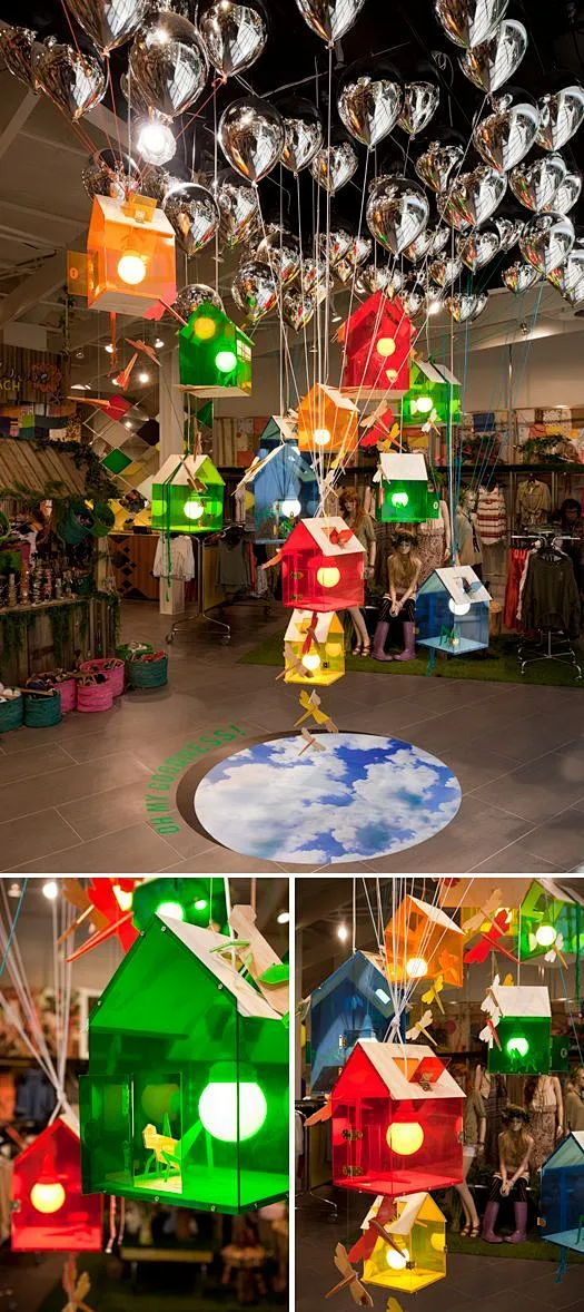 Gloss Creative for Sportsgirl | Inspired by the wonderfully delightful animated film ‘UP’ We (Gloss Creative) created a series of coloured perspex|wood houses over run by crickets & dragonflies…lifting up & away by dream-like chrome balloons: 