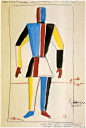马列维奇设计的服装手稿。1913年，在俄国上演一部未来主义的歌剧《太阳上的胜利》，马列维奇负责这部歌剧的舞台和服装设计，风格是激进的，也是反现实的，歌剧的服装是各种体积形状的拼接，配色也是大胆和前卫。哈哈哈，简直就是向着“至上主义”前进的宣言~ ​​​​