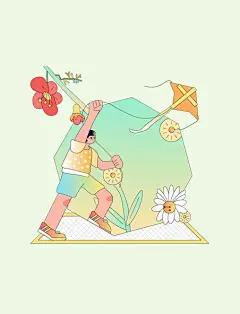 扁平漫画风春分节气放风筝