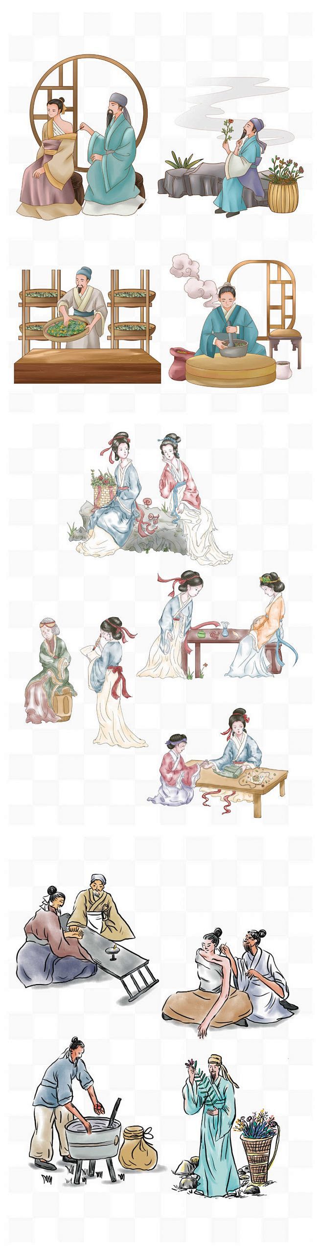古代中医问诊号脉针灸场景元素