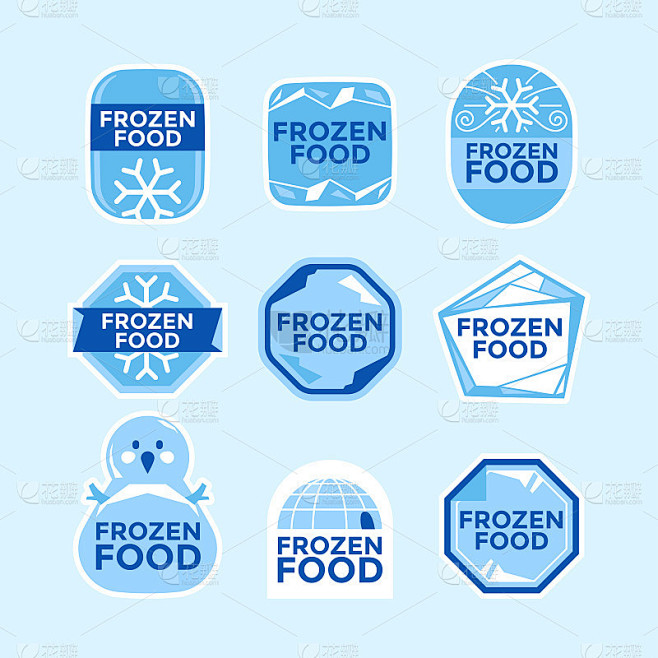 一套标签模板冷冻食品产品手绘矢量插图