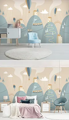 北欧天空热气球动物儿童房背景墙壁纸壁画