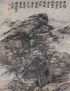 石涛——《仿倪云林山水图》【野夫惜墨贵如金，瘦树枯山浅澹深。偶向溪边设亭子，世人又道学云林】山水立轴欣赏  |  
明末清初|石涛(1642-1708)，原姓朱名若极，桂林人祖籍凤阳，小字阿长，僧法号元济、原济，自称苦瓜和尚。别号枝下叟、济山僧、石道人、一枝阁、大涤子、清湘老人、瞎尊者等。与弘仁、髡残、朱耷合称&quot;清初四僧&quot;。工诗善书画山水兼兰竹。广师历代画家之长。是中国绘画史上一位十分重要人物。