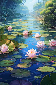 盛夏荷花池莲花风景的插画