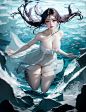 General 1181x1536 AI art digital art artwork illustration women dress white dress neckline dark hair underwater water in water cleavage big boobs looking at viewer fish long hair vertical