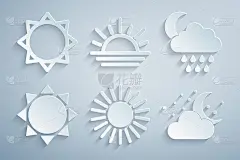 日落，云与雨和月亮，星星，日落和图标。向量