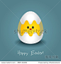 Easter card with small chicken on the egg. Easter greeting card with egg. Happy easter. Easter egg. Easter egg symbol. 