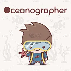 可爱的赤壁卡哇伊字符。字母表的职业。字母 O-海洋学家