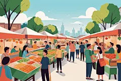 扁平化人物逛街集市场景插画