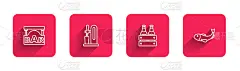 设置一行街招牌酒吧，啤酒龙头玻璃，包装啤酒瓶和鱼干与长影子。红场按钮。向量