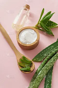 粉色背景上的芦荟和化妆品成分