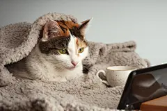 点击来源直接获取大图文件 |A multicolored cat lies under a beige blanket and watches a video on a smartphone