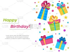 送上节日传单、问候语、请柬、生日贺词和横幅等五彩缤纷礼品的生日贺卡。白色背景的矢量图解