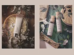 化妆品，花卉，文具/ 3in1样机瓶样机模型工具包纸样机名片英雄图像阴影现实样机瓶花信封卡框架包装女性品牌场景发电机文具化妆品花卉