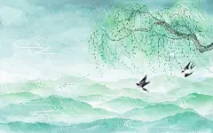 雨水春天柳树燕子山水国画中国风古风水墨插画海报背景素材雨水春天春分春节气