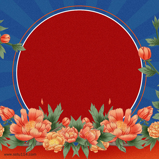 蓝色牡丹花文艺复古主图背景