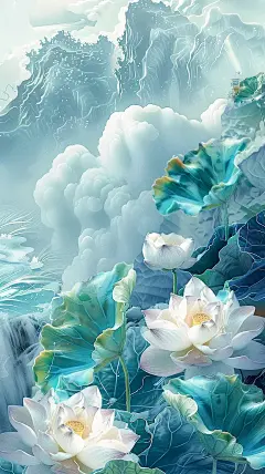 莲花、玉材、风景、祥云、水彩、玉雕技术、蓝白色调、浅色背景色