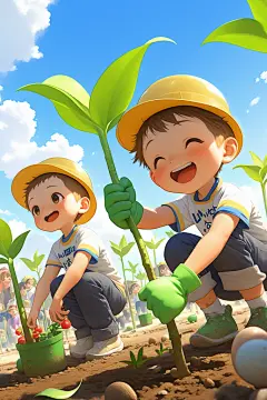 种树的小孩插画素材