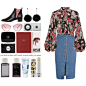 A fashion look from December 2016 featuring floral button-down shirts, calf length denim skirts and pointed-toe ankle boots. Browse and shop related looks.