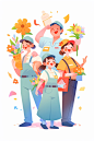 手绘五一劳动节各职业卡通人物插画