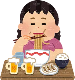 一位身体不健康的中年妇女正在吃拉面、米饭、煎饺和啤酒等高热量食物 卡通 插画 免扣 素材 手绘 png
