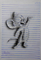 巴西15岁少年卡瓦略---3D素描立体画。
他在一张白纸上先画好图形，然后再对这些图形增添阴影效果并配上蓝色横线，如此，图形的立体感便跃然纸上。