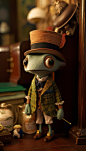 Extreme close-up shot of Jiminy Cricket trying on his clothes in front of his armoire, in the style of pixar, his small size is emphasized as he inspects his various outfits, intricate details of his clothing are on full display, top hat and umbrella, pat