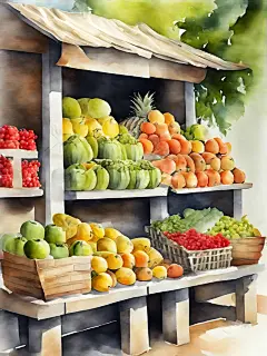 AI数字艺术美食水果店场景水彩插画-众图网