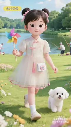 卡通风格：一个10岁的漂亮小女孩，大眼睛双眼皮高鼻梁，头发扎成两个可爱的丸子头，饰浅粉色发饰。
身穿浅粉色中式连衣裙，长度到膝盖上方，立领设计，泡泡袖，裙身上部有精致的花卉刺绣和盘扣装饰，裙摆为轻盈的纱质，边缘有粉色线条勾勒。脚穿米白色公主鞋和短袜。
手里拿着一个彩色风车，优雅的走过来，旁边还有一只白色的小狗。
背景是户外公园的草坪上，周围鲜花盛开，远处是一片平静的湖水，湖水边缘也长着绿色的草，湖边隐约模糊可见有几个人在钓鱼，更远处是郁郁葱葱的树木，树木上方的天空中有几朵白云，整体氛围清新自然，给人一种宁